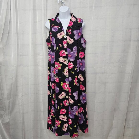 White Stag Black Pink Floral Maxi Dress Sleeveless Linen Blend Cottagecore 12 - Picture 1 of 13